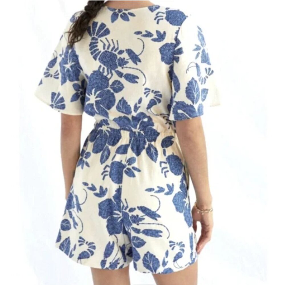 FARM Rio Anthropologie Breezy Tropical Floral Romper Blue / Cream Motif EUC - S - Picture 3 of 11